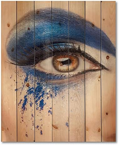 עיצוב מקרוב של עין עם פנטזיה כחולה איפור עיצוב קיר עץ מודרני ועכשווי, אמנות קיר עץ כחול, אנשים גדולים לוחות קיר