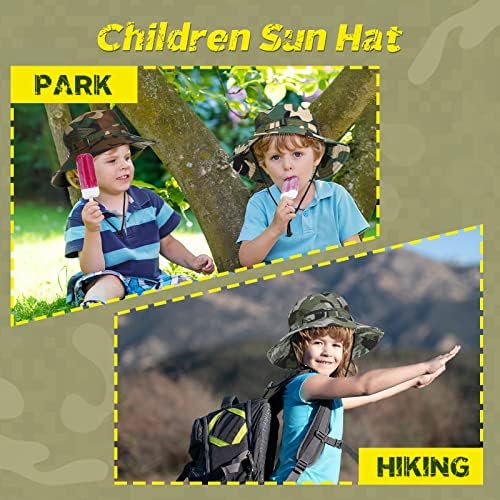 3 PCS בנים CAMO SUN HAT HAT ילדים ספארי כובעי דייג ילדים כובע דלי UV הגנה שמש הגנה על דלי אריזה כובע עם רצועת סנטר למשך