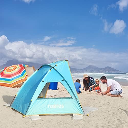 TOBTOS UPF 50+ אוהל חוף פופ-אפ, קל להקים מטריית חוף, מקלט שמש ל -3-4 אנשים הגנה על UV הגנה משמשת שמש ניידת, קאבנה