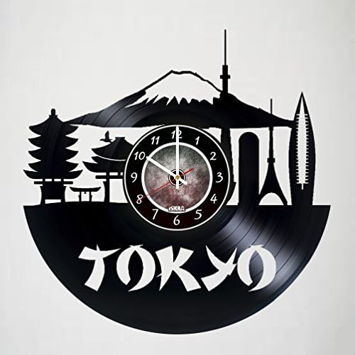 קיר שעון תואם עם טוקיו-מגדל-סקייליין ויניל שיא קיר שעון-יצירות אמנות מתנת רעיון עבור יום הולדת, חג המולד, נשים, גברים,