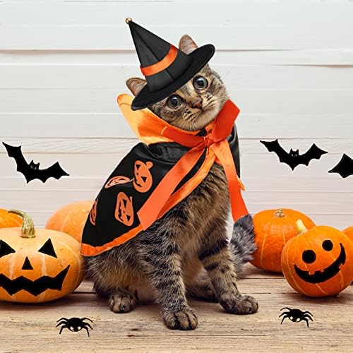Potchen 5 PCS תלבושת ערפד ליל כל הקדושים לחתול, כובע מכשפה לשטן לחתול, כנפי עטלף חתול לחיות מחמד, דלעת חתול מכשפה