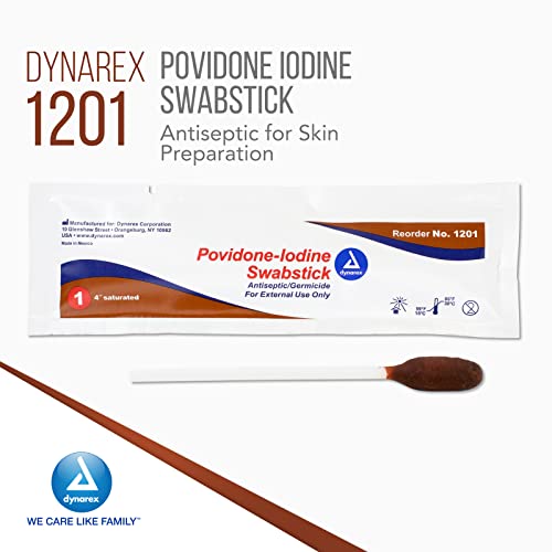 Dynarex povidone יוד ספוגיטיק, Swabstick ארוז בחפיסת נייר כסף אינדיבידואלית, חיטוי להכנת עור, חום, מקרה אחד של