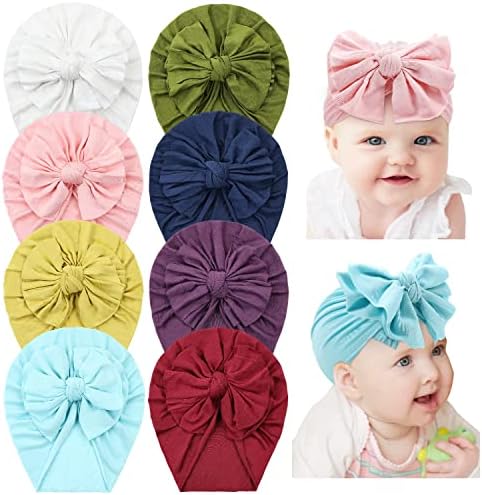 insowni 8 חבילה רכה משתלת מוצקה רכה בית חולים כובעי טורבן כובעים כפיות מכסות עם קשת גדולה לתינוקות תינוקות פעוטות