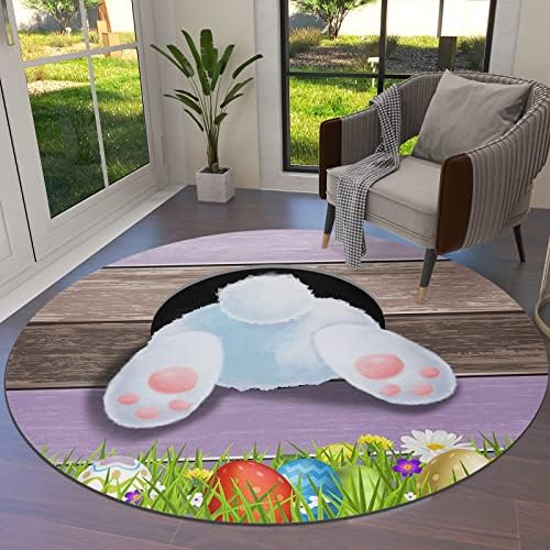 שטיח שטח עגול גדול לחדר שינה בסלון, שטיחים 4ft ללא החלקה לחדר לילדים, ביצי פסחא ארנב ארנב בחור עץ