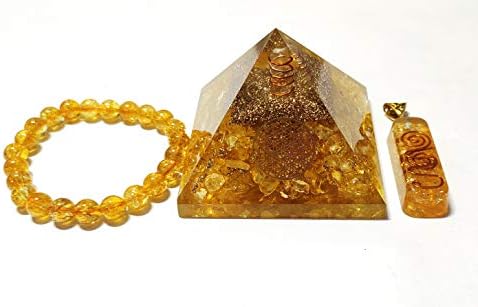 פירמידה של אורגון קריסטל של גביש סיטרין עם סמל פרח החיים, צמיד אבן ושילוב שרשרת תליון אורגון לניקוי אורה, ריפוי
