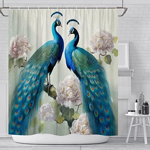 וילונות מקלחת מקלחת טווס של יאדשיוטי כחול ציפור יפהפיה אדמונית פרח ירוק עלים ירוקים אסיאתיים צמח אסייתי בסגנון