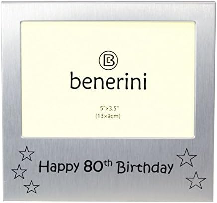 Benerini Happy יום הולדת 80th - מתנת מסגרת צילום - גודל תמונה 5 x 3.5 אינץ ' - צבע סאטן מאלומיניום מוברש צבע כסף.