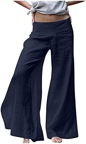 MMKNLRM צבע נשים פשתן מוצק רחב רגל רחבה מכנסי פשתן מכנסי קיץ נשים מכנסיים לבוש