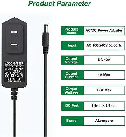 Alarmpore 2 Pack 12V 1A מתאם אספקת חשמל, 1000mA 12W AC AC ל- DC תקע 5.5 x 2.1 ממ 2.5 ממ עבור 12 וולט 400mA 500mA