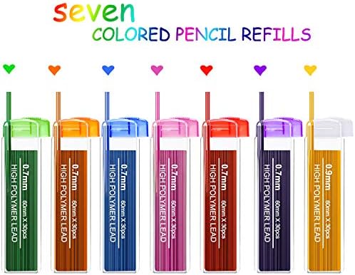 Zheahao 210 חתיכות מילוי צבעוני מילוי עיפרון מכני למילוי כתיבה של תלמידי בתי ספר, 0.9 ממ, 7 צבעים