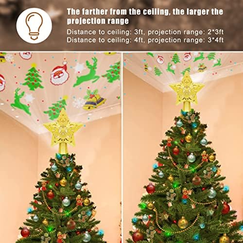 טופר עץ כוכב חג המולד עם אורות מקרן LED, גליטר תלת מימד זהב זהב חלול פנטגרם עץ טופר, חבר קישוט עץ חג המולד למשרד