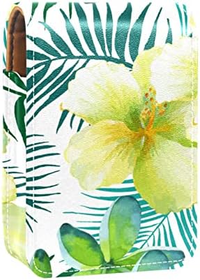 טרופי ירוק פאלם פרח עור איפור שפתון מקרה עם מראה מיני איפור תיק יומי מגע-עד