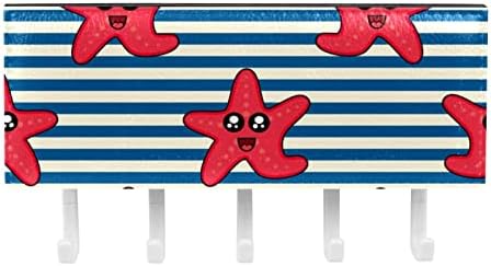 אדום כוכבי ים חמודים פנים מארגן מתלים עם פסים לבנים כחולים עם 5 ווים מדף מדף מטבח קיר מדף אחסון רב -פונקציונלי