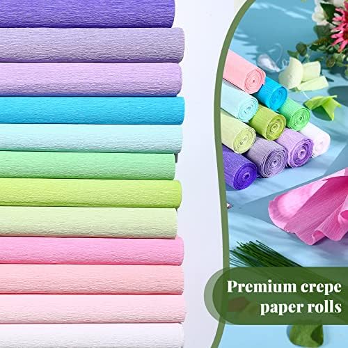 Chrisfall 12 Rolls Crepe נייר גלילי 12 צבעים רחבים קרפ נייר זרם מגוונים עם חוט גזע פרחוני וקלטות פרחים ירוקים