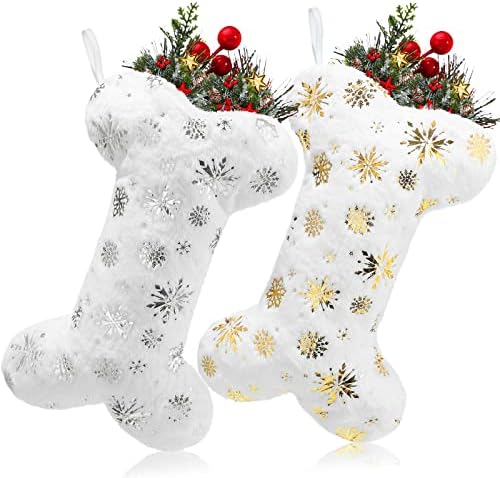 2 סט מושלג לבן מושלג כלב חיות מחמד כלב חג מולד גרב פייטים של פתית שלג גרב צורת עצם גדולה כלב תלוי גרב חג המולד לכלב