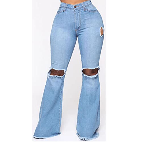 מכנסי ג'ינס קרועים פעמון קרוע לנשים מכנסי ג'ינס מתלקחים במותניים קלאסיים.