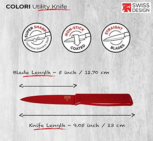 סכין כלי עזר של Kuhn Rikon Colori עם נדן בטיחות, להב 5 אינץ '/12.70 סמ, אדום