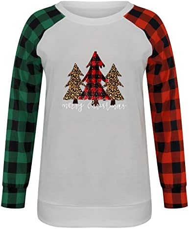 סווטשירט לנשים חג המולד באפלו משובץ חולצה חג המולד עץ צבע בלוק טי חולצה איל מודפס ארוך שרוול חולצות