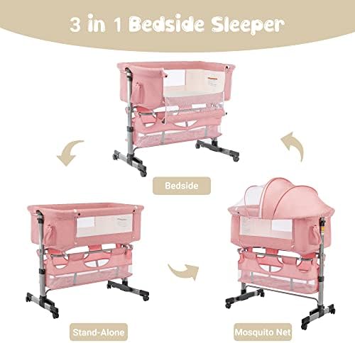 מיטת עריסה לתינוק, מיטת שינה עם גלגלים, הייגט מתכוונן, עם כילות נגד יתושים, גדול אחסון תיק, עבור תינוקות / תינוק / יילוד-ורוד