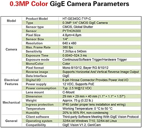 Hteng Vishi Gige Ethernet 0.3MP 1/4 צבע גלובלי תריס מכונה ראיית מצלמה תעשייתית דיגיטלית C-–- פה תומך ב- Windows ו- Linux SDK