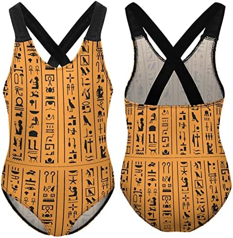 מצרי הירוגליפים או מצרים העתיקה אותיות חמוד ילדה של חתיכה אחת בגד ים מהיר יבש ספורט רחצה חליפת חוף בגדי ים