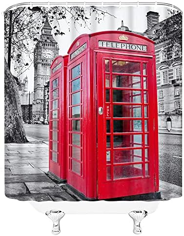 וילון מקלחת לונדון אדום דוכן טלפון אפור רטרו ביג בן וינטג 'אנגליה בניין עיר רומנטית עיר רחוב ישנה נוף מסורתי מקומי מקומי פוליאסטר