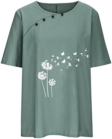 קיץ חולצות לנשים, כותנה פשתן בציר פרח הדפסת רופף טוניקת קצר שרוול חולצות מקרית צווארון עגול כפתור חולצה