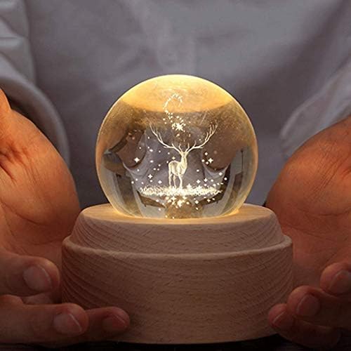 SFYSP 3D Crystal Ball Blox קופסת מוזיקת ​​סיבוב זוהרת עם אור ההקרנה LED LED ובסיס עץ ליום הולדת חג המולד