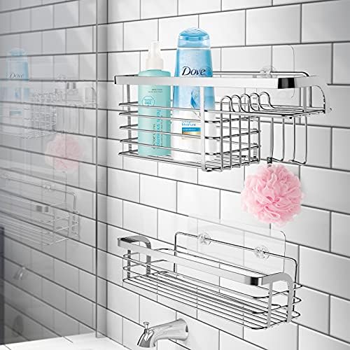 מארגן מקלחת דבק מקלחת מקלחת עם ווים ומחזיק סבון, ללא קידוח מארגני אמבטיה נירוסטה, מדף מקלחת רכוב על קיר חלודים למקלחת