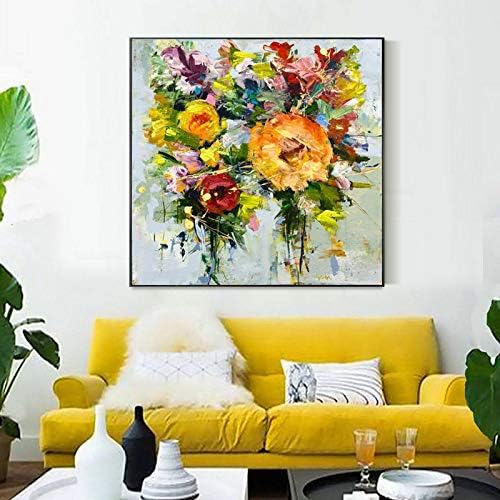 ציור שמן על בד - פרחים צבעוניים מופשטים אמנות ציור שמן מודרני על בד בגודל גדול צבוע ביד יצירות אמנות עיצוב קיר לקישוט