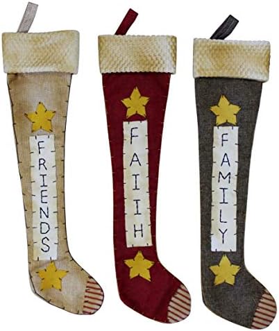 Cvhomedeco. גרביים תלויים כפריים 18 אינץ 'פרימיטיביים עם הודעות תפורות חברים אמונה משפחה לחג המולד או לעיצוב ביתי. 3 מגוון