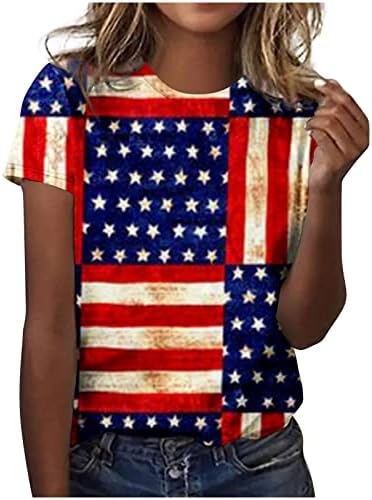 Annhoo נשים Tshirts ארהב דגל דגל הדפסת חולצות חולצות T לבנות שרוול קצר צוואר צווארון קיץ סתיו סתיו 2023 בגדים