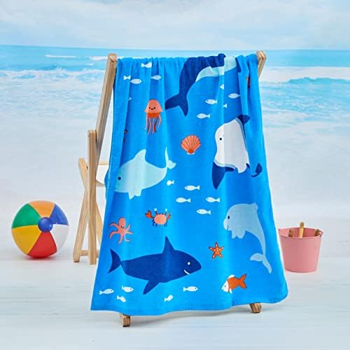 Sun Sprouts דפוס החיים הימי של מגבת חוף כותנה לילדים ופעוט. אמבטיה, בריכה, קמפינג, מגבת נסיעות לבנים ובנות. 30