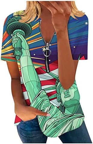 חולצה לנשים שרוול קצר 4 ביולי הדפס פטריוטי הצוות-צווארון הרוכסן העליון חולצות אופנה בסיסיות חולצות טשטוש מזדמן