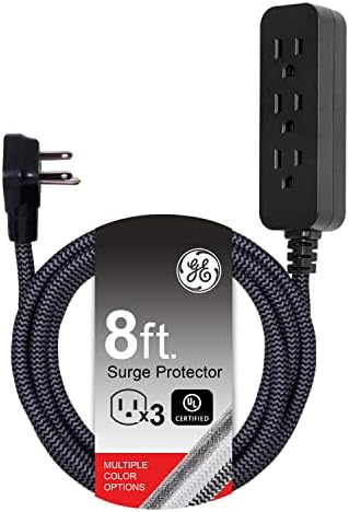 רצועת חשמל של GE Pro Surge Surge עם טעינה מהירה של USB, כבל הרחבה ארוך 8ft, ארוך 8ft, Flat Plug & Ge Pro 3-Outlet