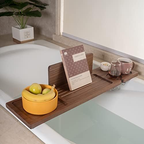 מגש קאדי אמבטיה של PFCDZDU, מתלה קריאת שולחן אמבטיה על גבי אמבטיה, מארגן מקלחת אחסון מעץ לאמבט עם דוכן ספרים.