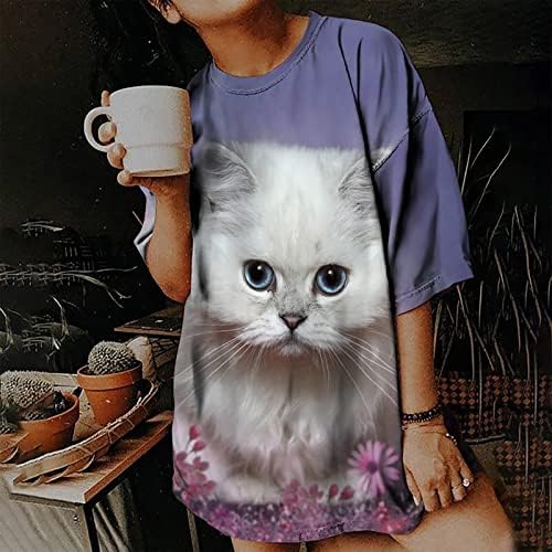 קיץ נשים חמוד חתול מודפס בתוספת גודל חולצות קצר שרוול מזדמן גרפי טיז זורם רופף בכושר טוניקת חולצת טי חולצות