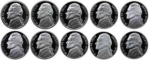 1990 עד 1999 הוכחת ג'פרסון ניקלס - All S Mintmark - 10 מטבעות - הוכחת פנינה -