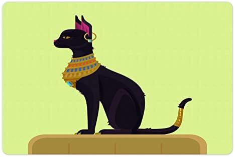 מחצלת חיות מחמד מצרים לונאנית למזון ומים, זמנים עתיקים חתול בסגנון קריקטורה מיסטי עם תמונת עגיל, מחצלת גומי