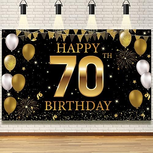 קישוטי מסיבת יום הולדת 70 באנר רקע, קישוטי יום הולדת 70 שמחים לגברים נשים, אבזרי תא צילום יום הולדת בן 70 זהב