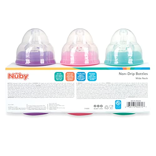 Nuby 3 חבילה ללא טפטוף צוואר רחב 8oz varie-flow, פטמות סיליקון רכות, BPA בחינם, 0+M, אקווה, ורוד, סגול