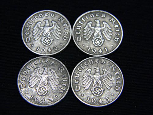 ארבעה מטבעות רייכספניג גרמניים של מלחמת העולם השנייה מיום 1940, 1941, 1942 ו- 1943