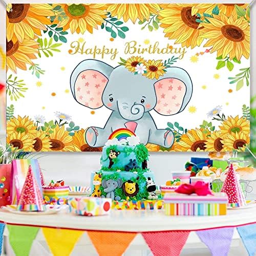 7 × 5ft פיל חמניות פרחי תפאורה רקע מסיבת מקלחת לתינוק ילדים יילוד קריקטורה רקע רקע ילד ילדה יום הולדת שמח באנר ציוד צילום