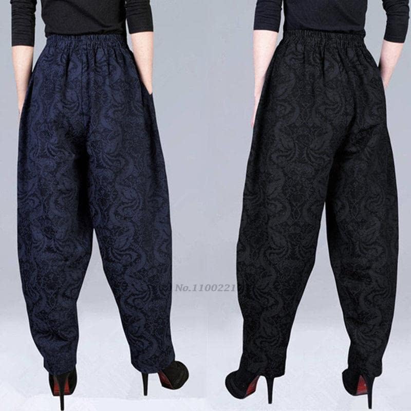 UKTZFBCTW סינית רחבה רגל אורייזרית אתנית ג'קארד מותניים אלסטיים מכנסיים ארוכים נשים רטרו כותנה מכנסי פשתן צבע 2 L