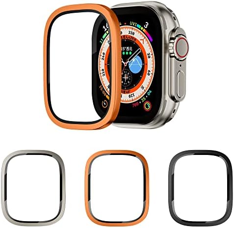 3 חבילות המיועדות למגן מסך Apple Watch Ultra, זכוכית מחוסמת+מסגרת סגסוגת אלומיניום, המיועדת לאביזרי Ultra של Apple Watch,