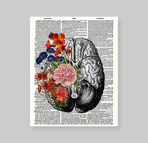 סוזי אמנויות 8 * 10 מוח אנושי לא ממוסגר עם פרחים מוח אביב בציר מילון ממוחזר ספר הדפסת אמנות הדפסת אמנות בית תפאורה מצחיק הדפסת