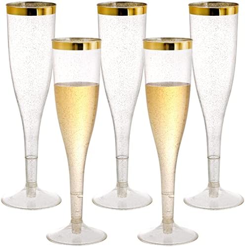 HEDUME 50 חבילה 6.5 גרם חלילי שמפניה פלסטיק חד פעמי עם נצנצים זהב ושפת זהב, משקפי שמפניה חד פעמיים חד פעמיים, כוסות