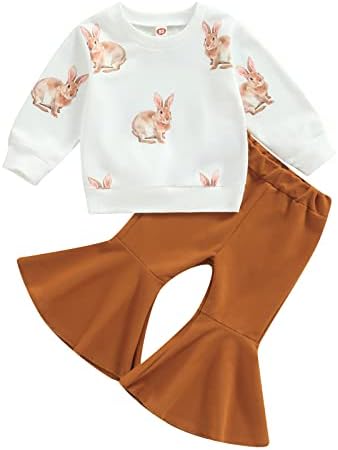 פעוט תינוקת תינוקת פסחא תלבושת ארנב שרוול ארוך חולצות סווטשירט ומכנסיים מתרחבים סט בגדי פסחא