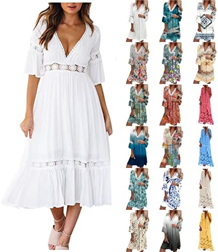שמלות קיץ לנשים קוטקרם 2023 מזדמן V צוואר שרוול קצר פרוע תחרה לבנה שמלה זורמת חג שמלת בוהו נדנדה