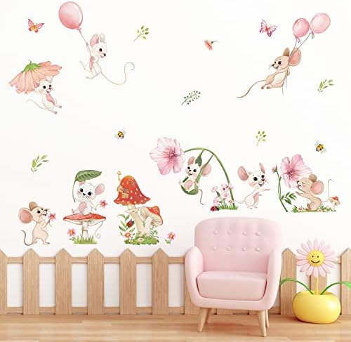 בלון עף חיות קיר מדבקות עכבר פרחי קליפת מקל קיר אמנות מדבקות עבור תינוק משתלת ילדים חדר שינה סלון